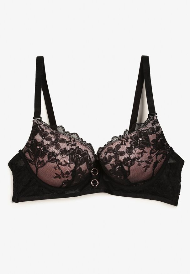 Renee - Czarno-Różowy Biustonosz Push Up Ozdobiony Koronką Temirenna. Kolor: czarny. Materiał: koronka. Rodzaj stanika: push-up. Wzór: aplikacja, koronka