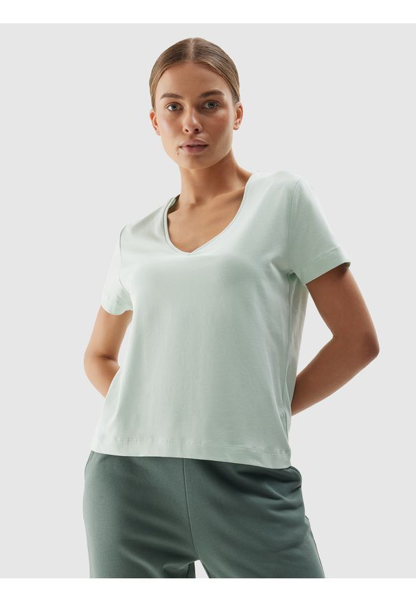 4f - T-shirt regular gładki damski. Kolor: turkusowy. Materiał: dzianina, elastan, bawełna. Wzór: gładki