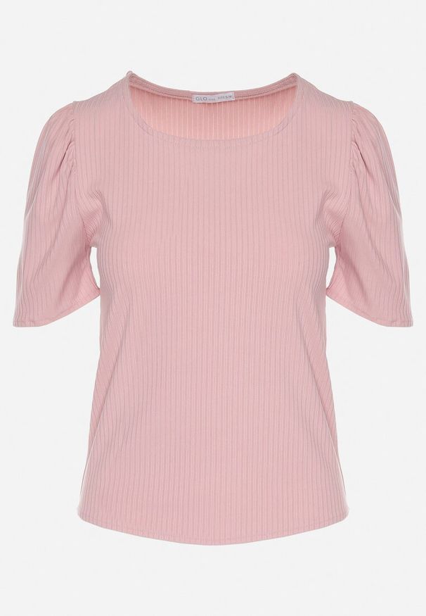 Born2be - Różowy Prążkowany T-shirt z Zakładkami przy Rękawach Kolanovia. Okazja: na co dzień. Kolor: różowy. Materiał: prążkowany. Styl: casual