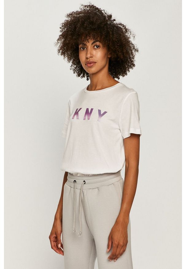 DKNY - Dkny - T-shirt. Okazja: na co dzień. Kolor: biały. Materiał: bawełna, materiał, dzianina. Wzór: nadruk. Styl: casual