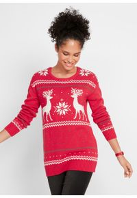 Sweter z zimowym motywem bonprix czerwony z zimowym motywem. Kolor: czerwony. Materiał: materiał, bawełna, dzianina, akryl. Sezon: zima #2