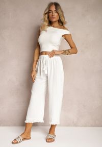 Renee - Białe Szerokie Spodnie High Waist z Gumką w Pasie Jolfea. Okazja: na co dzień. Stan: podwyższony. Kolor: biały. Materiał: tkanina. Styl: casual, elegancki