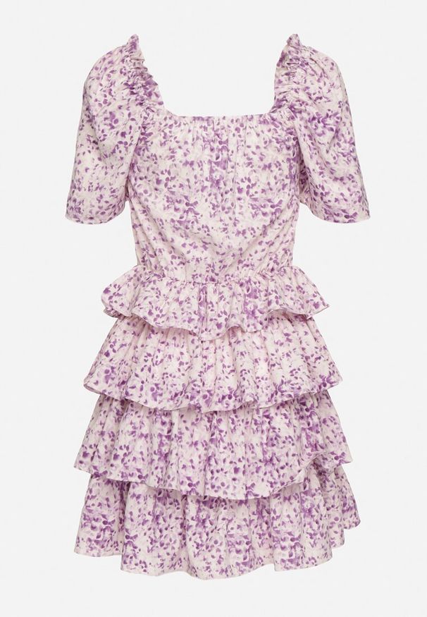 Born2be - Fioletowa Rozkloszowana Sukienka z Bufkami w Rękawach w Drobny Print z Falbankami Tineria. Okazja: na co dzień. Typ kołnierza: kołnierz z falbankami. Kolor: fioletowy. Wzór: nadruk. Typ sukienki: proste. Styl: casual