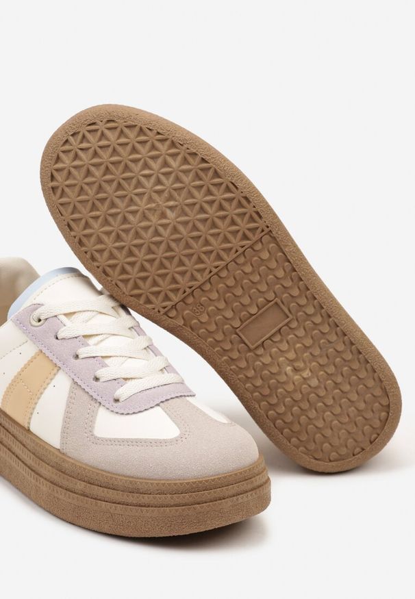 Renee - Beżowo-Fioletowe Sneakersy na Grubej Podeszwie z Ozdobnymi Przeszyciami Ysdole. Kolor: beżowy. Materiał: materiał. Obcas: na platformie