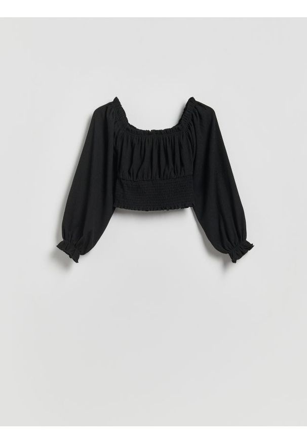 Reserved - Bluzka z marszczeniem - czarny. Kolor: czarny. Materiał: dzianina. Długość: krótkie