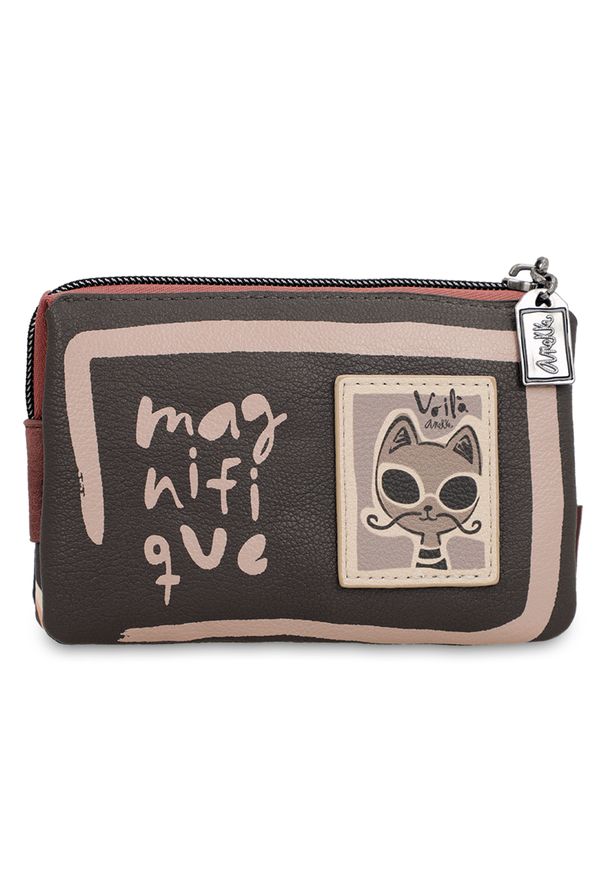 Portfel damski Anekke, portmonetka mała na bilon zamykana na zamek bogato zdobiona, brązowy, 41809-015. Kolor: brązowy. Materiał: materiał. Wzór: aplikacja