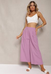 Renee - Fioletowe Szerokie Spodnie z Gumką w Pasie Vithan. Kolor: fioletowy. Materiał: bawełna, tkanina #1