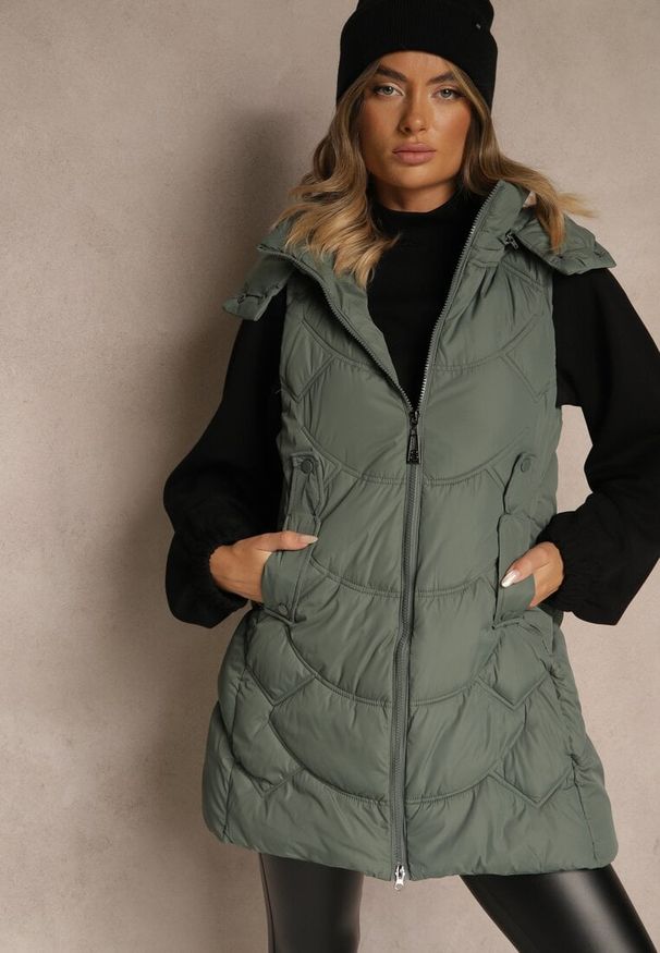 Renee - Zielona Pikowana Kamizelka z Odpinanym Kapturem Tulanea. Okazja: na co dzień. Kolor: zielony. Materiał: jeans. Styl: casual