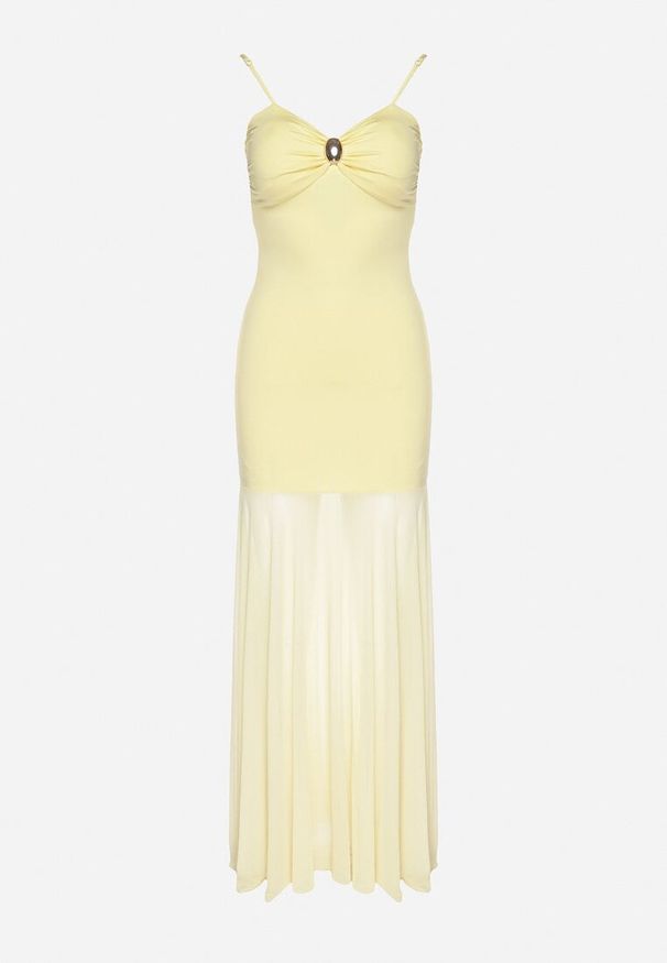 Born2be - Żółta Sukienka na Ramiączkach z Wiskozą Zdobiona Aplikacją i Siateczką Savaleira. Okazja: na co dzień. Typ kołnierza: dekolt w kształcie V. Kolor: żółty. Materiał: wiskoza. Długość rękawa: na ramiączkach. Wzór: aplikacja. Styl: klasyczny, casual, elegancki