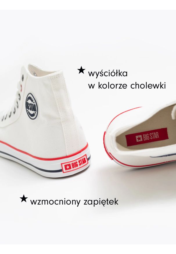 Big-Star - Trampki męskie wysokie białe JJ174602 101. Okazja: na spotkanie biznesowe, na co dzień. Wysokość cholewki: za kostkę. Nosek buta: okrągły. Kolor: biały. Materiał: jeans. Styl: biznesowy, elegancki, sportowy, casual