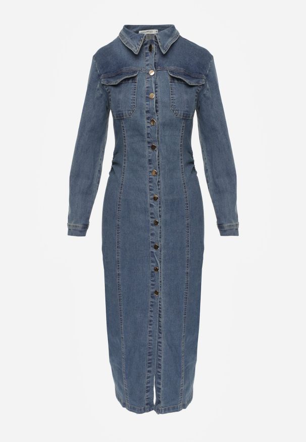 Born2be - Niebieska Jeansowa Sukienka Koszulowa o Taliowanym Kroju Neveala. Okazja: na co dzień. Kolor: niebieski. Materiał: jeans. Typ sukienki: koszulowe. Styl: klasyczny, casual. Długość: midi