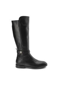 TOMMY HILFIGER - Czarne Kozaki Damskie Tommy Hilfiger Eleganckie Skórzane Buty. Kolor: czarny. Materiał: skóra. Szerokość cholewki: normalna. Wzór: aplikacja. Obcas: na obcasie. Styl: elegancki. Wysokość obcasa: niski