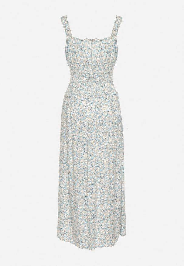 Born2be - Niebieski Komplet z Bawełny Top na Ramiączkach Spódnica z Gumką w Pasie i Guzikami Elasandra. Kolor: niebieski. Materiał: bawełna