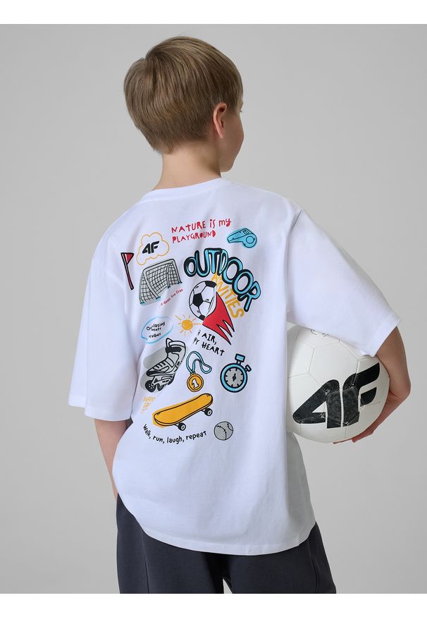 4f - 4F T-shirt loose z nadrukiem chłopięcy - biały 122/128 (6-8 lat). Okazja: na co dzień. Kolor: biały. Materiał: materiał, bawełna, jeans, dresówka, dzianina. Wzór: nadruk. Sezon: lato. Styl: casual