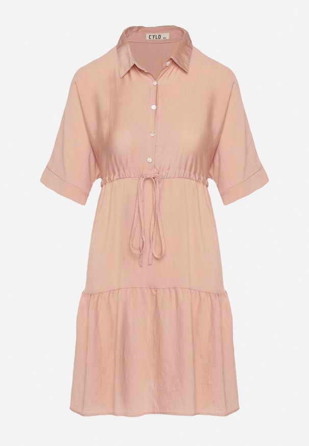 Born2be - Różowa Sukienka Koszulowa z Wiskozy z Kołnierzykiem i Wiązaniem Nanieria. Okazja: na co dzień. Kolor: różowy. Materiał: wiskoza. Długość rękawa: krótki rękaw. Typ sukienki: koszulowe. Styl: boho, casual