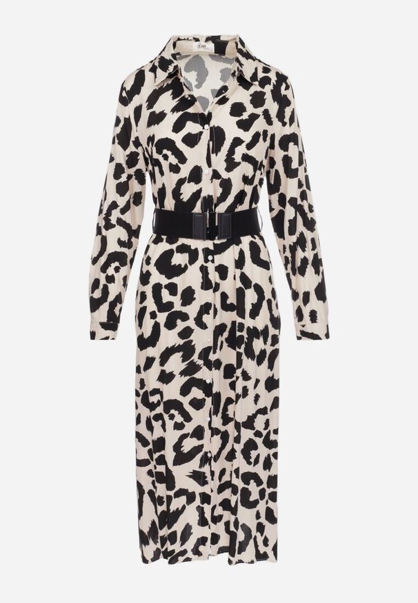 Born2be - Beżowo-Czarna Sukienka Koszulowa w Cętki z Paskiem Kalandra. Okazja: na spotkanie biznesowe. Typ kołnierza: dekolt w kształcie V. Kolor: beżowy. Materiał: wiskoza, materiał. Długość rękawa: długi rękaw. Typ sukienki: koszulowe. Styl: biznesowy