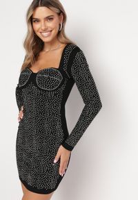 Born2be - Czarno-Srebrna Bawełniana Sukienka Mini z Push Upem z Cyrkoniami i Kwadratowym Dekoltem Tindalea. Okazja: na sylwestra, na urodziny. Typ kołnierza: dekolt kwadratowy. Kolor: czarny. Materiał: bawełna. Styl: wizytowy. Długość: mini #2