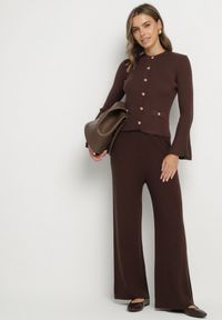 Born2be - Brązowe Szerokie Spodnie High Waist z Wiskozą z Gumką w Pasie Essica. Okazja: na co dzień. Stan: podwyższony. Kolor: brązowy. Materiał: wiskoza. Wzór: aplikacja. Styl: casual, elegancki #3