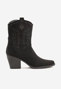 Born2be - Czarne Botki na Stożkowym Obcasie Typu Kowbojki z Haftem Falarosa. Okazja: na co dzień. Kolor: czarny. Wzór: haft. Obcas: na obcasie. Styl: casual, elegancki. Wysokość obcasa: średni #4