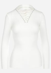 Born2be - Biały Sweter z Gorsetowym Wiązaniem na Dekolcie Teollie. Typ kołnierza: dekolt gorset. Kolor: biały. Materiał: dzianina, prążkowany #6