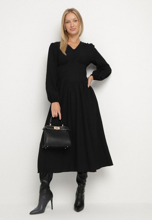 Born2be - Czarna Sukienka z Wiskozą o Kroju z Gorsetową Talią i Bufiastymi Rękawami Aniste. Okazja: na co dzień. Typ kołnierza: dekolt gorset. Kolor: czarny. Materiał: wiskoza. Typ sukienki: gorsetowe. Styl: wizytowy, casual, elegancki, sportowy