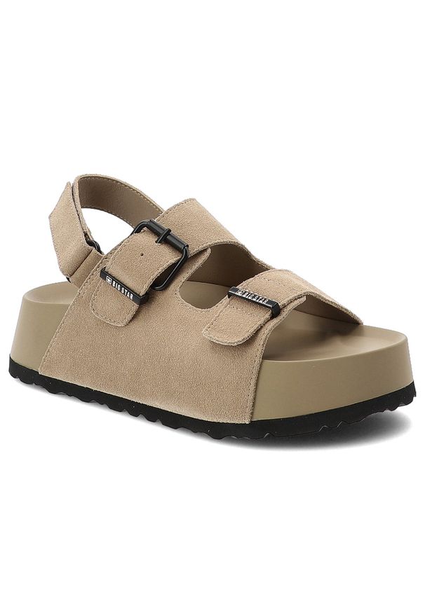 Big-Star - Sandały damskie Big Star, cholewka ze skóry naturalnej zamszowej z regulowanymi paskami na grubej platformie, beżowe, TT274235. Zapięcie: pasek. Kolor: beżowy. Materiał: skóra, zamsz. Obcas: na platformie