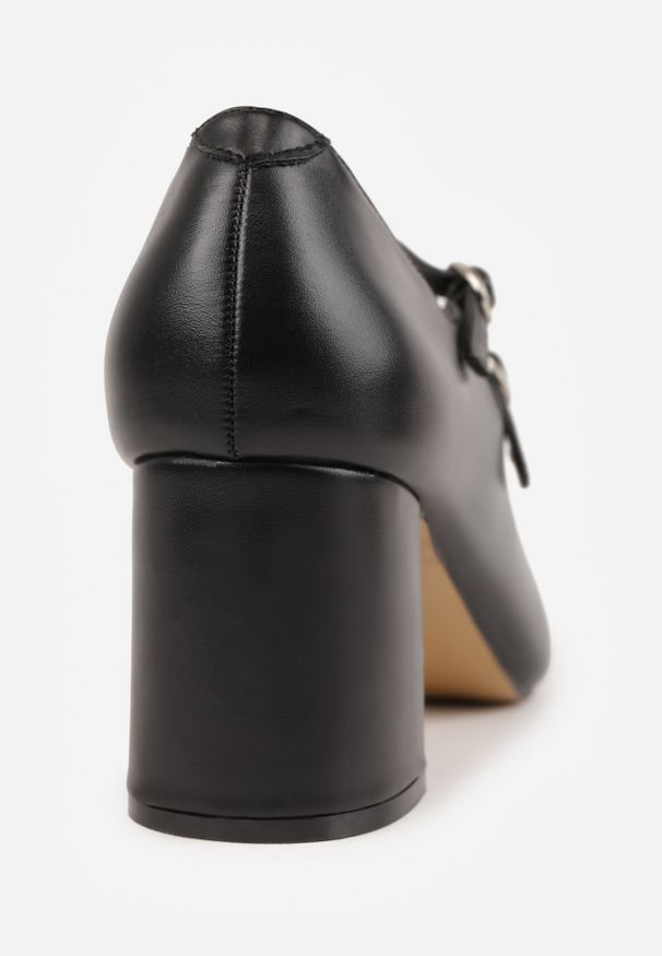 Renee - Czarne Czółenka na Słupku Ozdobione Paskami i kwadratowym Noskiem Jalabine. Zapięcie: pasek. Kolor: czarny. Wzór: aplikacja. Obcas: na słupku. Styl: klasyczny