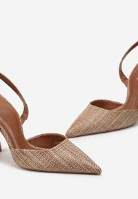 Renee - Brązowe Sandały ze Szpiczastym Noskiem Ozdobionym Plecionką Lanarase. Okazja: na co dzień. Nosek buta: szpiczasty. Kolor: brązowy. Materiał: jeans. Wzór: aplikacja. Obcas: na obcasie. Styl: casual, elegancki. Wysokość obcasa: średni #3