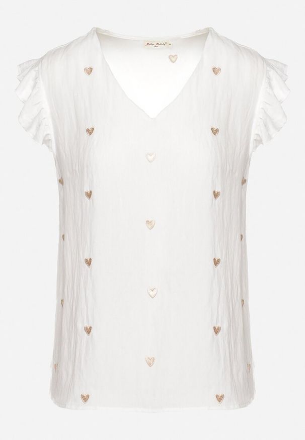 Born2be - Biała Bluzka Top z Wiskozy bez Rękawów z Falbankami w Haftowane Serduszka Taella. Okazja: na co dzień. Typ kołnierza: kołnierz z falbankami. Kolor: biały. Materiał: wiskoza. Długość rękawa: bez rękawów. Wzór: haft. Styl: casual, elegancki