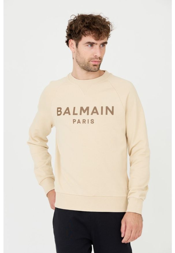 Balmain - BALMAIN Beżowa bluza Printed Sweatshirt. Kolor: beżowy