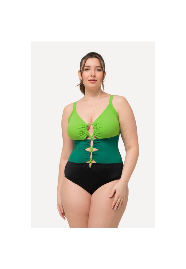 ULLA POPKEN - Damski Kostium kąpielowy szerokie kolorowe pasy miękkie miseczki wycięcia. Kolekcja: plus size. Kolor: czarny. Materiał: elastan, poliamid, materiał. Wzór: kolorowy