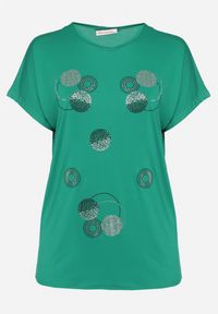 Born2be - Zielony T-shirt z Bawełny Wykończony Cyrkoniami Krissianne. Okazja: do pracy, na co dzień. Kolor: zielony. Materiał: bawełna. Wzór: aplikacja, geometria. Styl: casual, elegancki #5