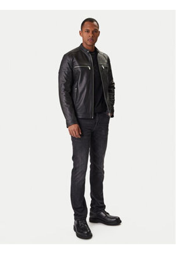 Karl Lagerfeld - KARL LAGERFELD Kurtka skórzana 555022 561421 Czarny Slim Fit. Typ kołnierza: dekolt w karo. Kolor: czarny. Materiał: skóra