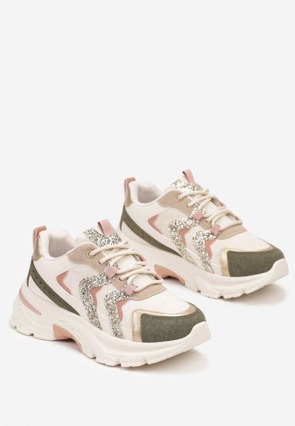 Born2be - Beżowo-Zielone Sneakersy na Grubej Podeszwie z Brokatowymi Wstawkami Sairiel. Okazja: na co dzień. Kolor: beżowy. Materiał: jeans, bawełna. Sezon: lato, wiosna