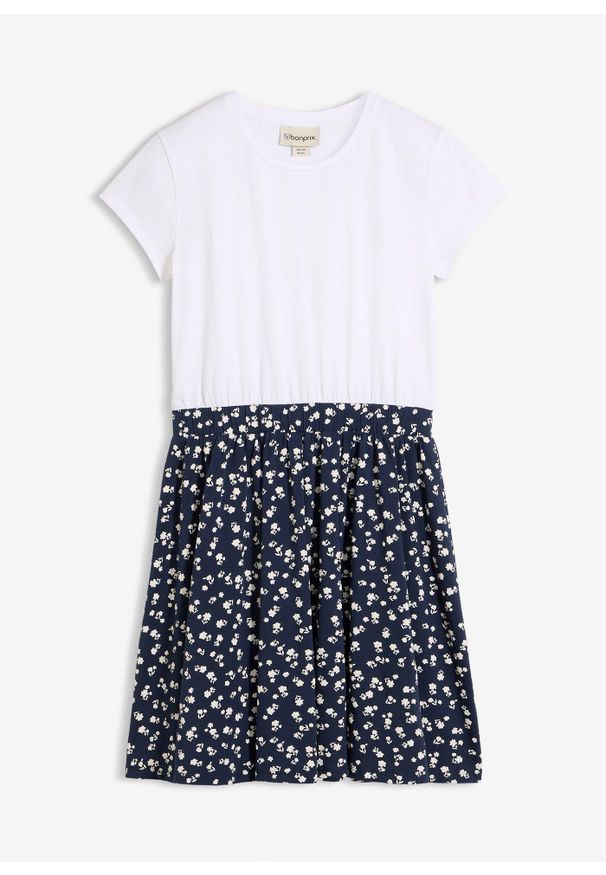 bonprix - Sukienka z dżerseju z elastycznej mieszanki bawełny organicznej. Kolor: biały. Materiał: jersey, bawełna. Długość rękawa: krótki rękaw. Wzór: kwiaty