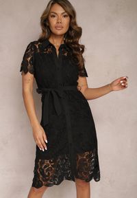 Renee - Czarna Koronkowa Sukienka Koszulowa Midi z Paskiem Azariela. Kolor: czarny. Materiał: koronka. Typ sukienki: koszulowe. Długość: midi #4