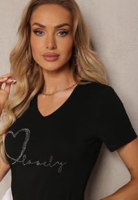 Renee - Czarny Bawełniany T-shirt z Ozdobnymi Cyrkoniami Obisara. Okazja: na co dzień. Kolor: czarny. Materiał: bawełna. Wzór: aplikacja. Styl: casual, klasyczny #4