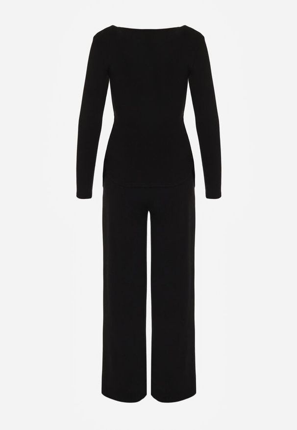 Born2be - Czarny Bawełniany Komplet Kopertowa Bluzka z Długim Rękawem i Spodnie Ferenna. Kolor: czarny. Materiał: bawełna