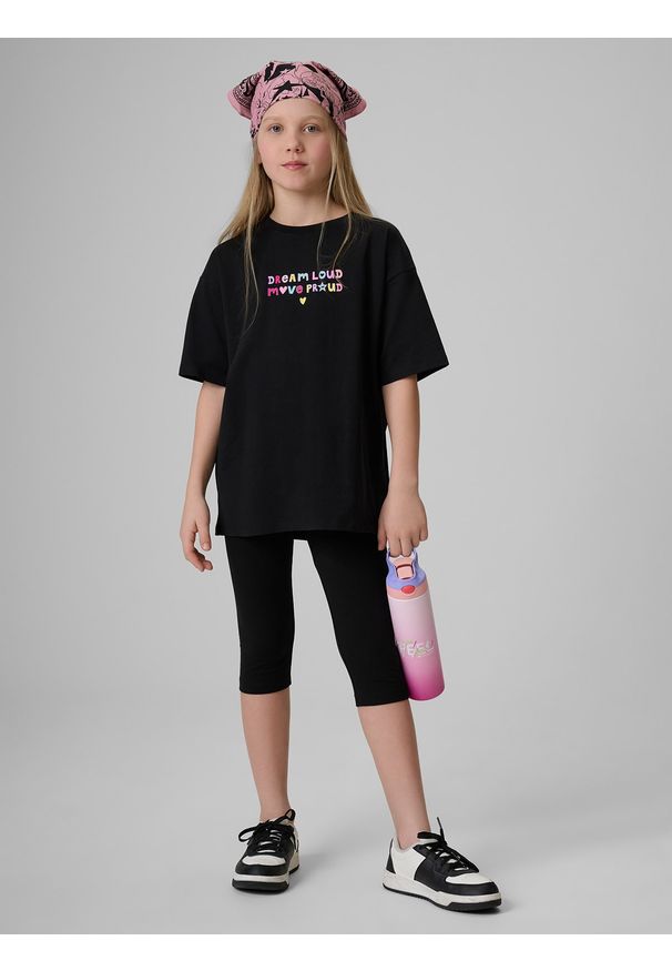 4f - 4F Legginsy dzianinowe 3/4 dziewczęce - czarne 164 (13-14 lat). Okazja: na co dzień, na uczelnię. Stan: podwyższony. Kolor: czarny. Materiał: dzianina. Sezon: lato. Styl: casual, sportowy