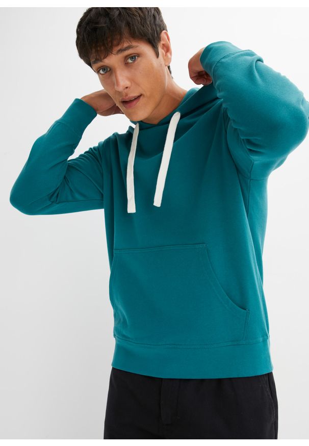 bonprix - Bluza z kapturem z czystej bawełny. Typ kołnierza: kaptur. Kolor: niebieski. Materiał: bawełna. Wzór: prążki