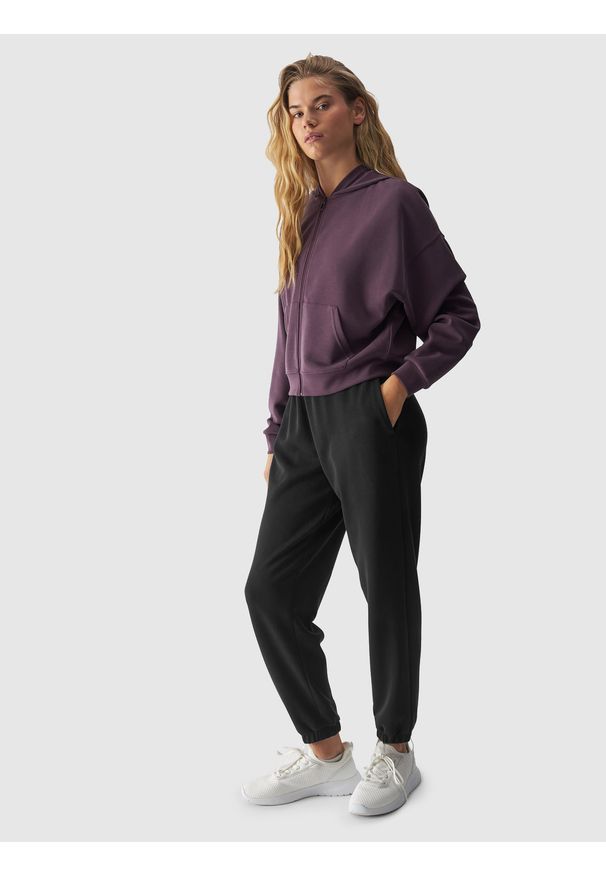 4f - 4F Bluza dresowa rozpinana z modalem damska - fioletowa XXL. Okazja: na co dzień. Typ kołnierza: kaptur. Kolor: fioletowy. Materiał: dresówka. Wzór: gładki, ze splotem. Styl: sportowy, casual. Sport: fitness