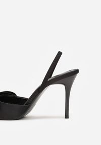 Born2be - Czarne Satynowe Sandały na Szpilce Bez Pięty z Kokardą Shiriniana. Okazja: na co dzień. Kolor: czarny. Materiał: satyna. Wzór: aplikacja. Obcas: na szpilce. Styl: klasyczny, casual, elegancki #2