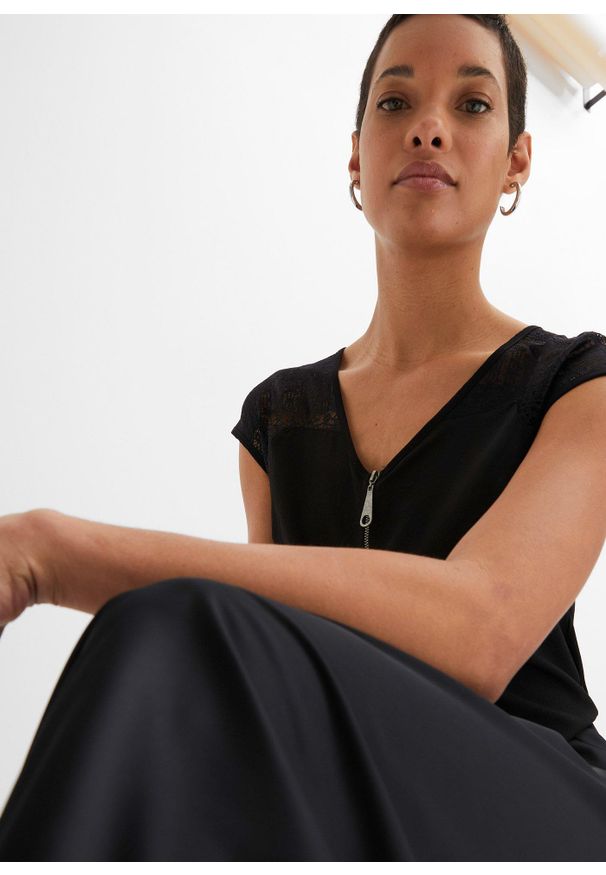 bonprix - Shirt z koronkową wstawką. Okazja: do pracy, na spotkanie biznesowe. Typ kołnierza: dekolt w serek. Kolor: czarny. Materiał: koronka. Sezon: lato. Styl: biznesowy