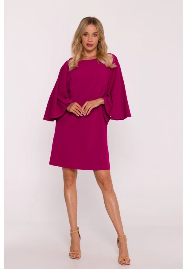 Stylove - Elegancka sukienka trapezowa z bufiastymi rękawami fiolet. Kolor: czarny, beżowy. Typ sukienki: trapezowe. Styl: elegancki