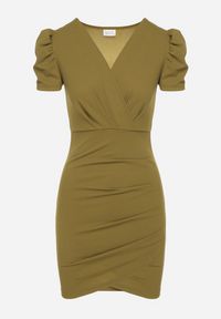 Born2be - Jasnozielona Dopasowana Sukienka z Kopertowym Dekoltem Hallimea. Okazja: na imprezę. Typ kołnierza: dekolt kopertowy. Kolor: zielony. Wzór: aplikacja. Typ sukienki: kopertowe. Styl: elegancki, klasyczny #5