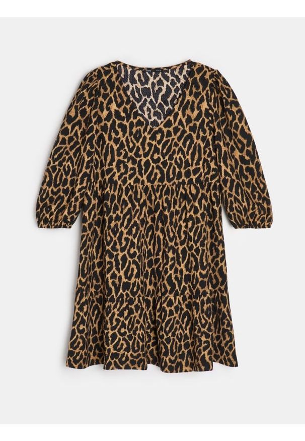Sinsay - Sukienka mini babydoll w panterkę - brązowy. Kolor: brązowy. Wzór: motyw zwierzęcy. Długość: mini