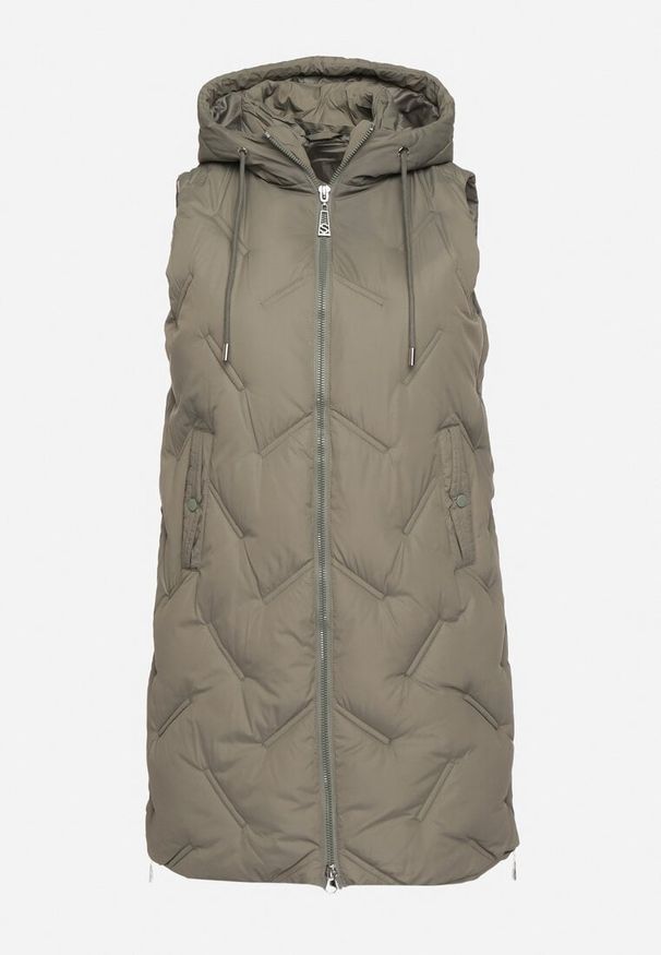 Born2be - Zielona Pikowana Kamizelka z Kapturem i Kieszeniami Esarivie. Okazja: na spacer. Typ kołnierza: kaptur. Kolekcja: plus size. Kolor: zielony. Materiał: jeans
