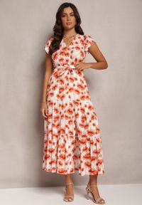 Renee - Pomarańczowa Rozkloszowana Sukienka Maxi w Kwiatowy Print z Gumką w Pasie Javiky. Kolor: pomarańczowy. Wzór: nadruk, kwiaty. Długość: maxi #1