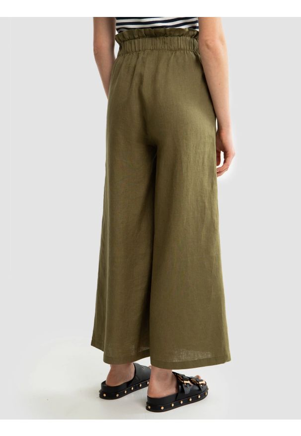 Big-Star - Spodnie damskie lniane z szeroką nogawką paperbag khaki Dorona 303. Kolor: zielony. Materiał: len. Styl: elegancki