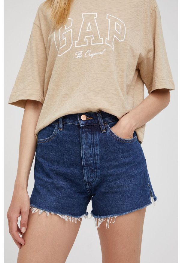 Wrangler szorty jeansowe damskie kolor granatowy gładkie high waist. Stan: podwyższony. Kolor: niebieski. Materiał: jeans. Wzór: gładki. Styl: klasyczny